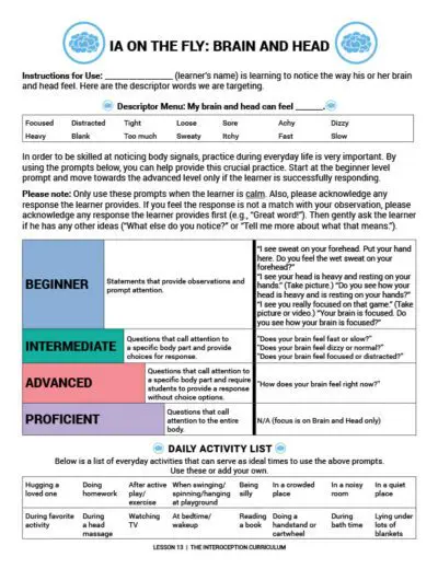 The Interoception Curriculum Lesson 13 Example