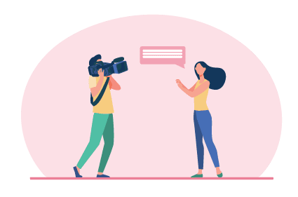 Camera crew making reportage. Journalist interviewing man while operator shooting flat vector illustration