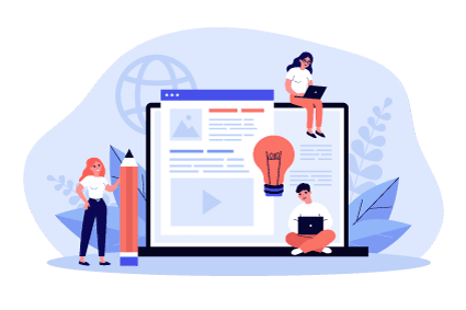 Blog authors writing articles. Freelance writers with laptops creating internet content