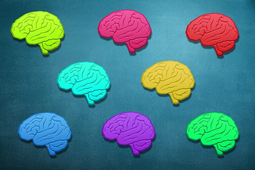 An Image of different cartoon brains in different colors.