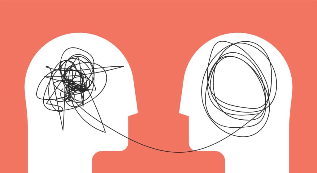 a pair of vector-art heads with a tangled line in one which leads into a cleanly organized line in the other