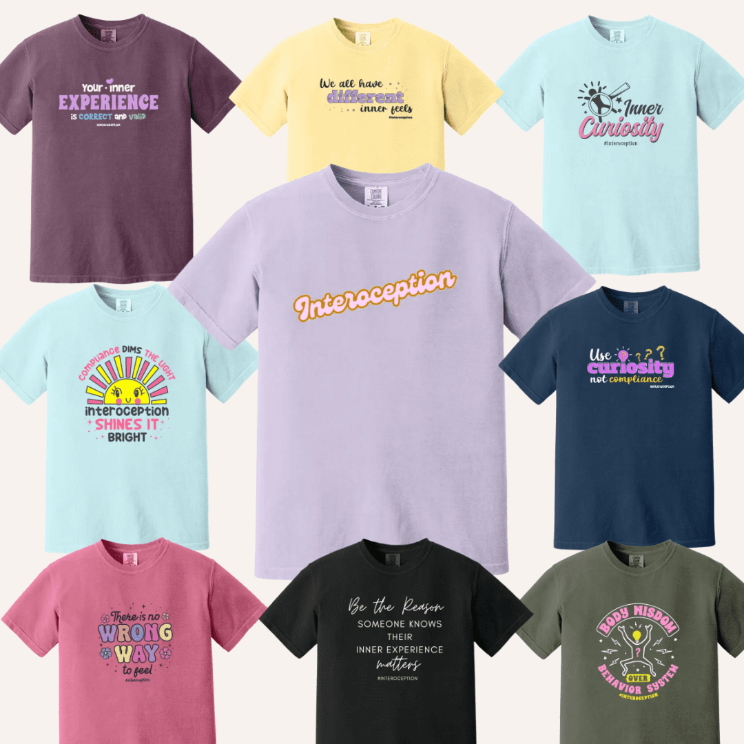Image of nine different color t-shirts from the new Kelly Mahler interoception apparel line