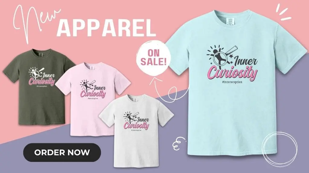 green, pink, baby blue shirt, person graphic, innter curioiusity message