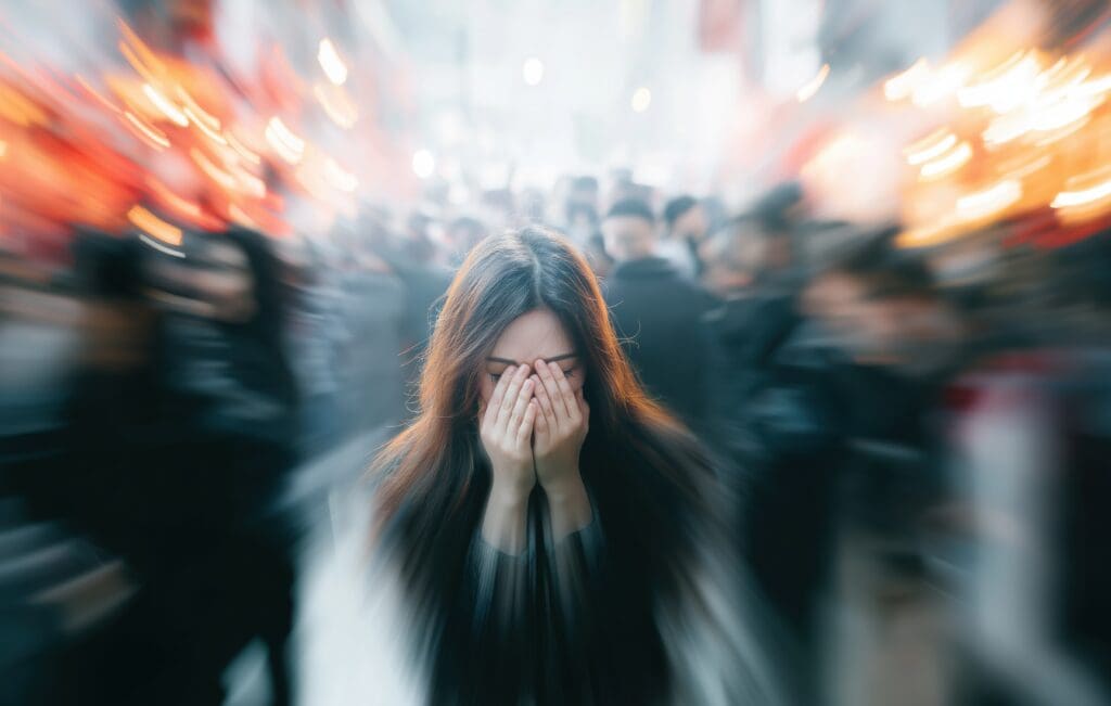 Stressed person experiencing sensory overwhelm in a busy crowd.