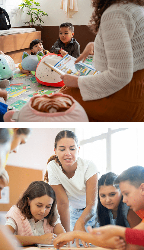 Young female teacher and happy schoolkids playing interesting learning board
