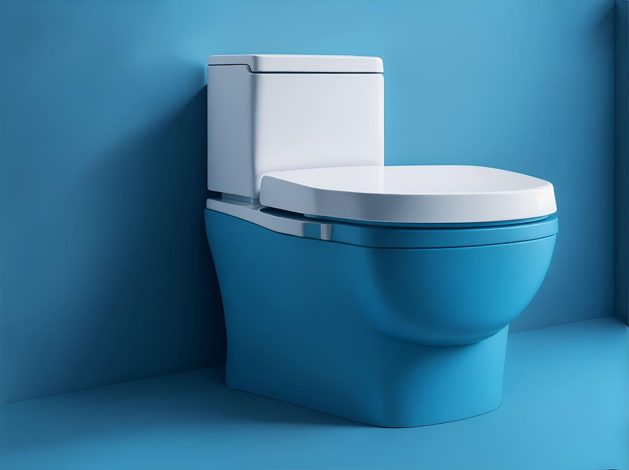small blue potty in the middle of a stark bathroom