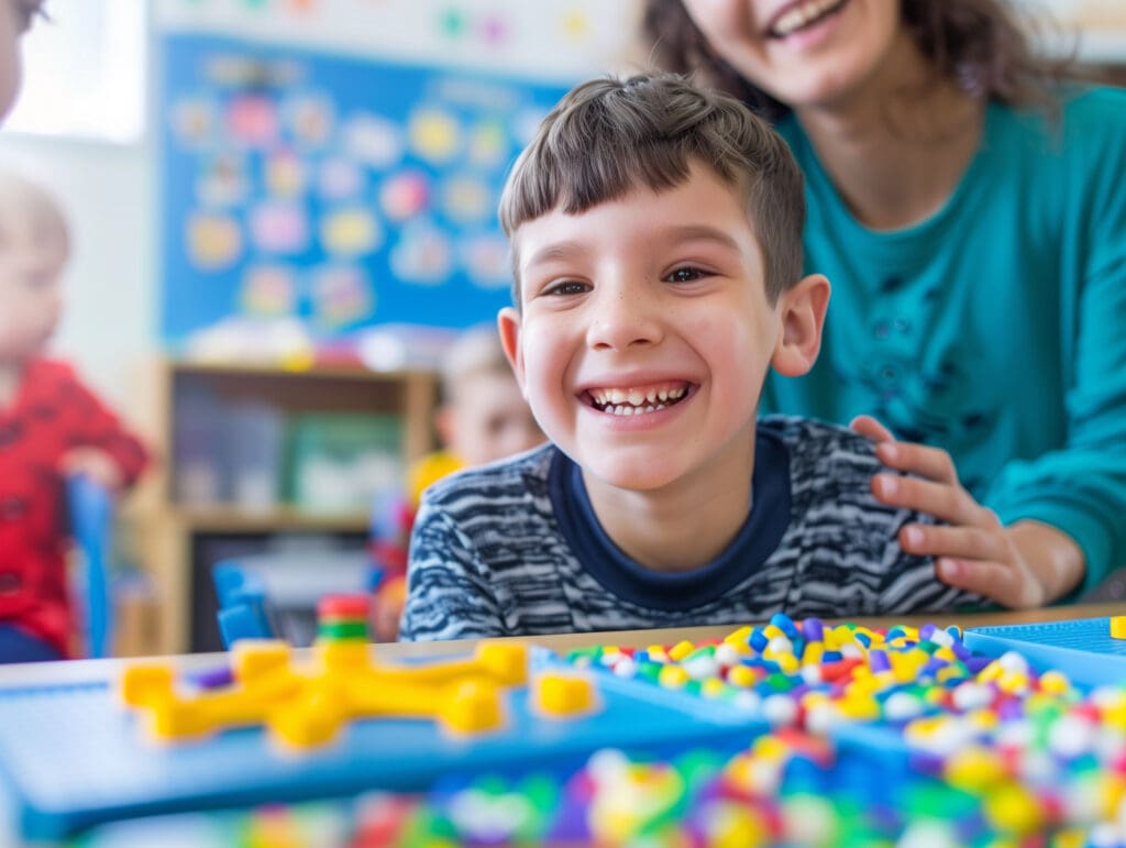 boy learning in class with teacher
