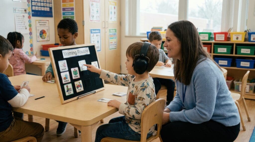 boy wearing headphones interacts with a schedule board